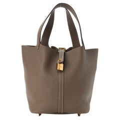 HERMES NEW Picotin 22 Taupe Leather Gold Small Top Handle Bucket Tote Bag