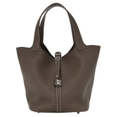 HERMES NEW Picotin 22 Taupe Leather Palladium Small Top Handle Bucket Tote Bag