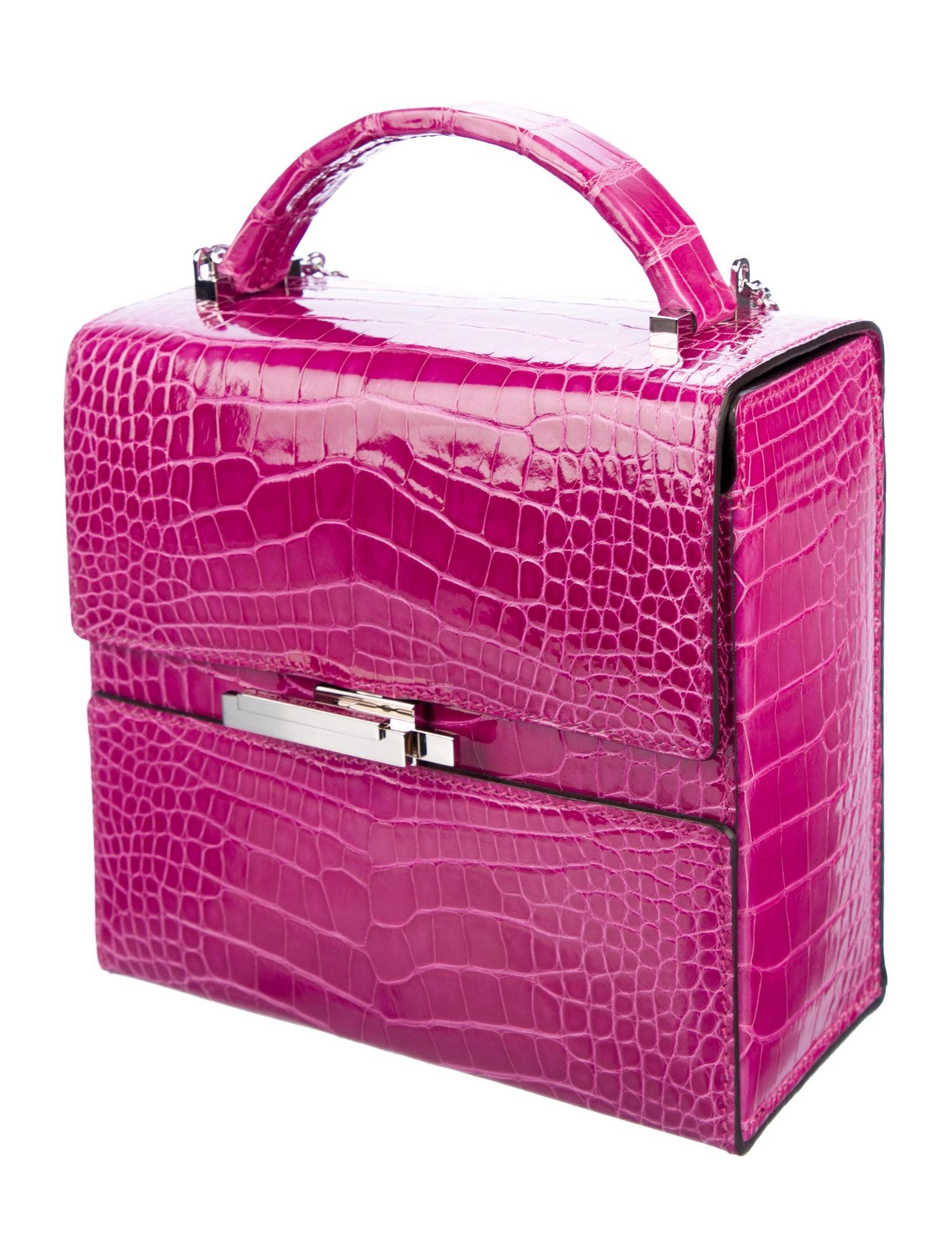 Hermes NEW Pink Purple Alligator Exotic Leather Top Handle Satchel Kelly Style Chain Bag in Box 

Alligator 
Palladium-plated hardware
Leather lining
Push-lock closure 
Made in France
Shoulder strap drop 18