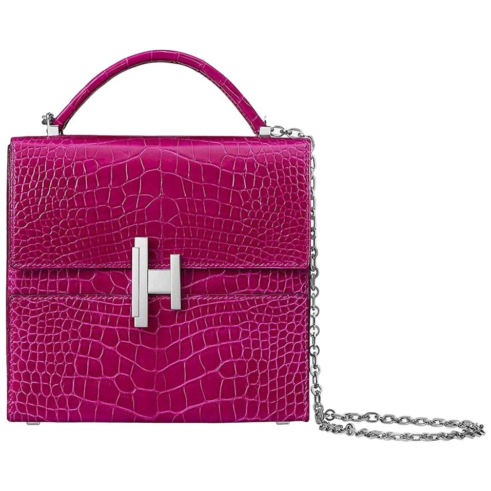 Hermes NEW Pink Alligator Exotic Leather Top Handle Satchel Chain Bag in Box  at 1stDibs