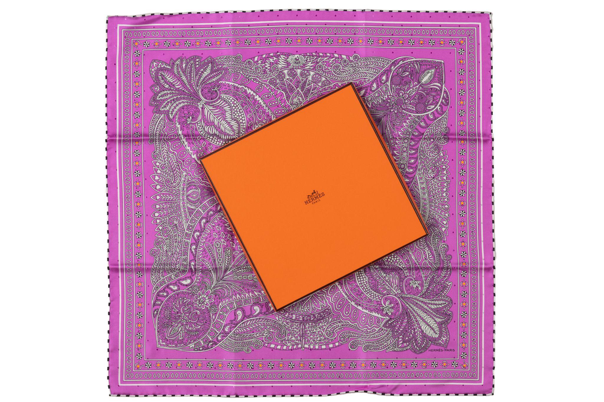 Hermès new cyclamen bandana silk scarf. Hand rolled edges. 
Comes with original box.
