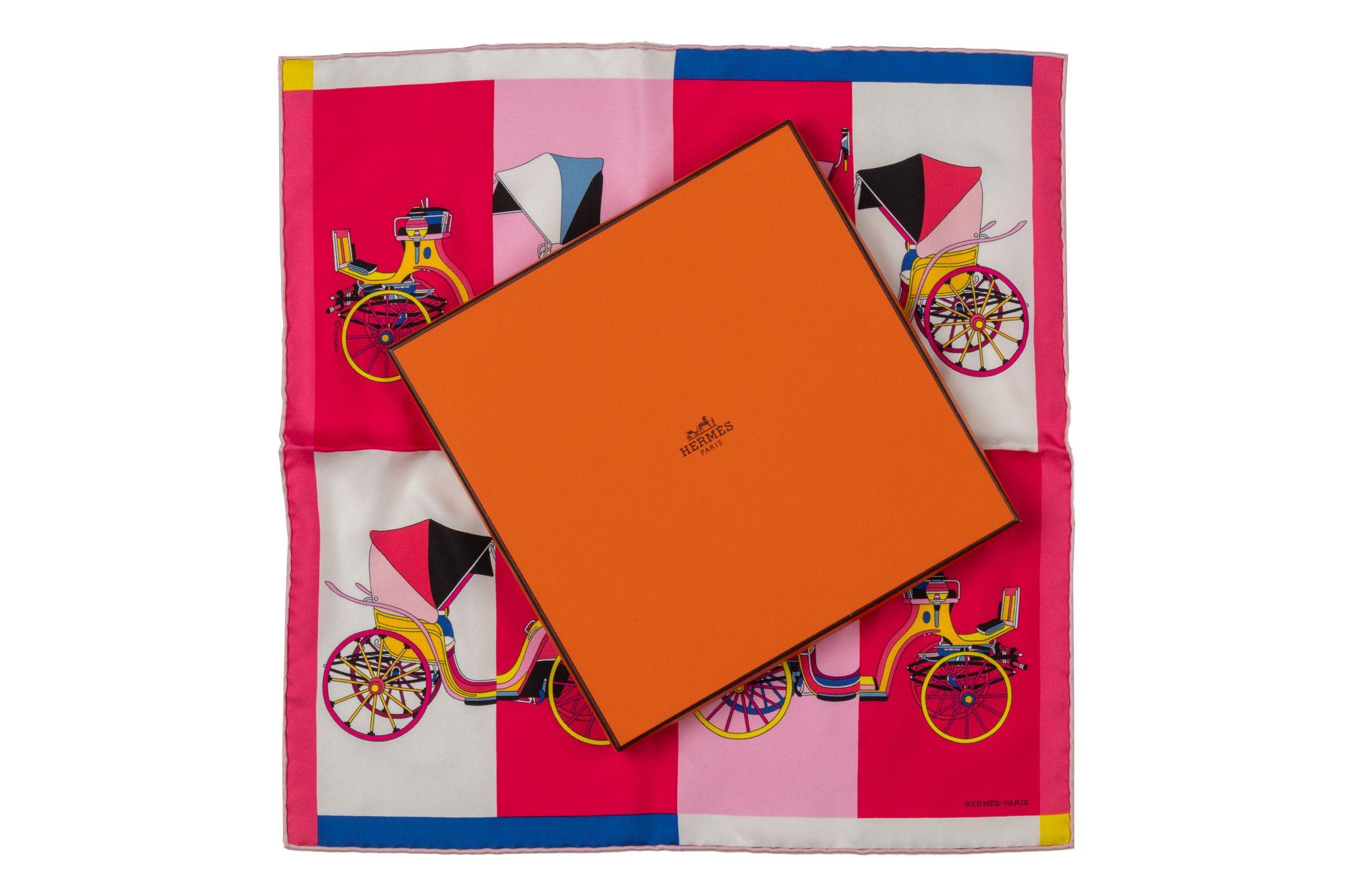 Hermès New Pink Carriages Silk Gavroche In New Condition For Sale In West Hollywood, CA