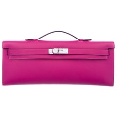 Hermes NEW Pink Leather Palladium Envelope Kelly Evening Flap Clutch Bag in Box