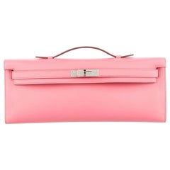 Hermes NEW Pink Leather Palladium Kelly Evening Top Handle Clutch Bag in Box