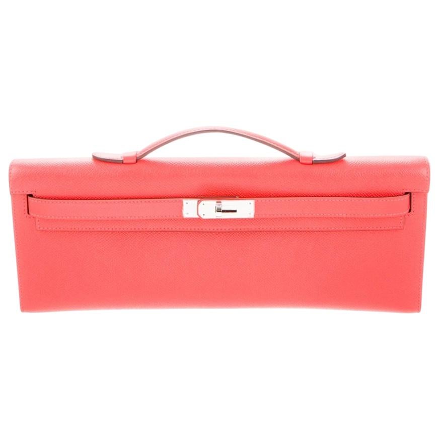 Hermes NEW Pink Leather Palladium Kelly Evening Top Handle Clutch Bag in Box