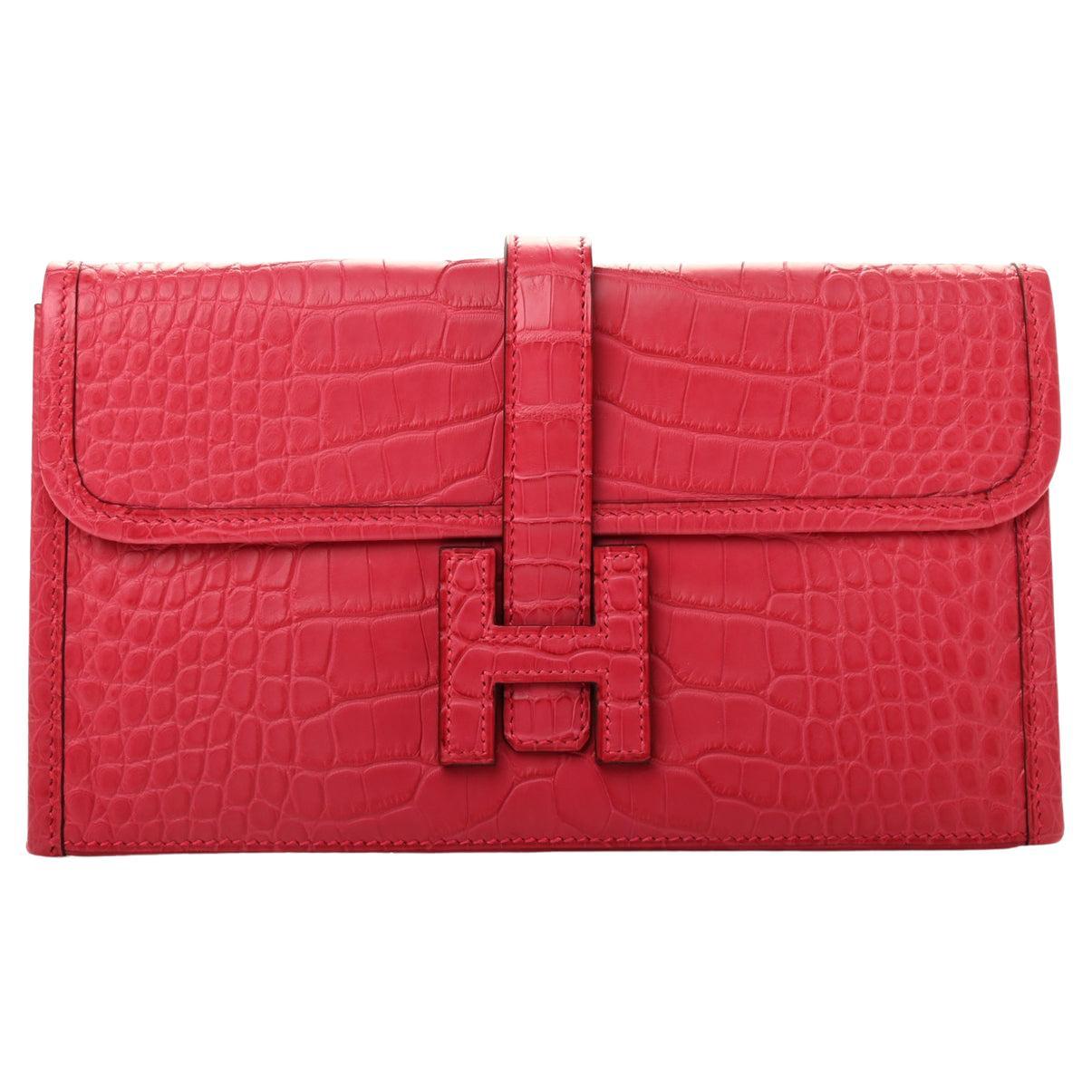 HERMES NEW Pink Red Framboise Matte Alligator Exotic Leather Jige Duo Clutch Bag