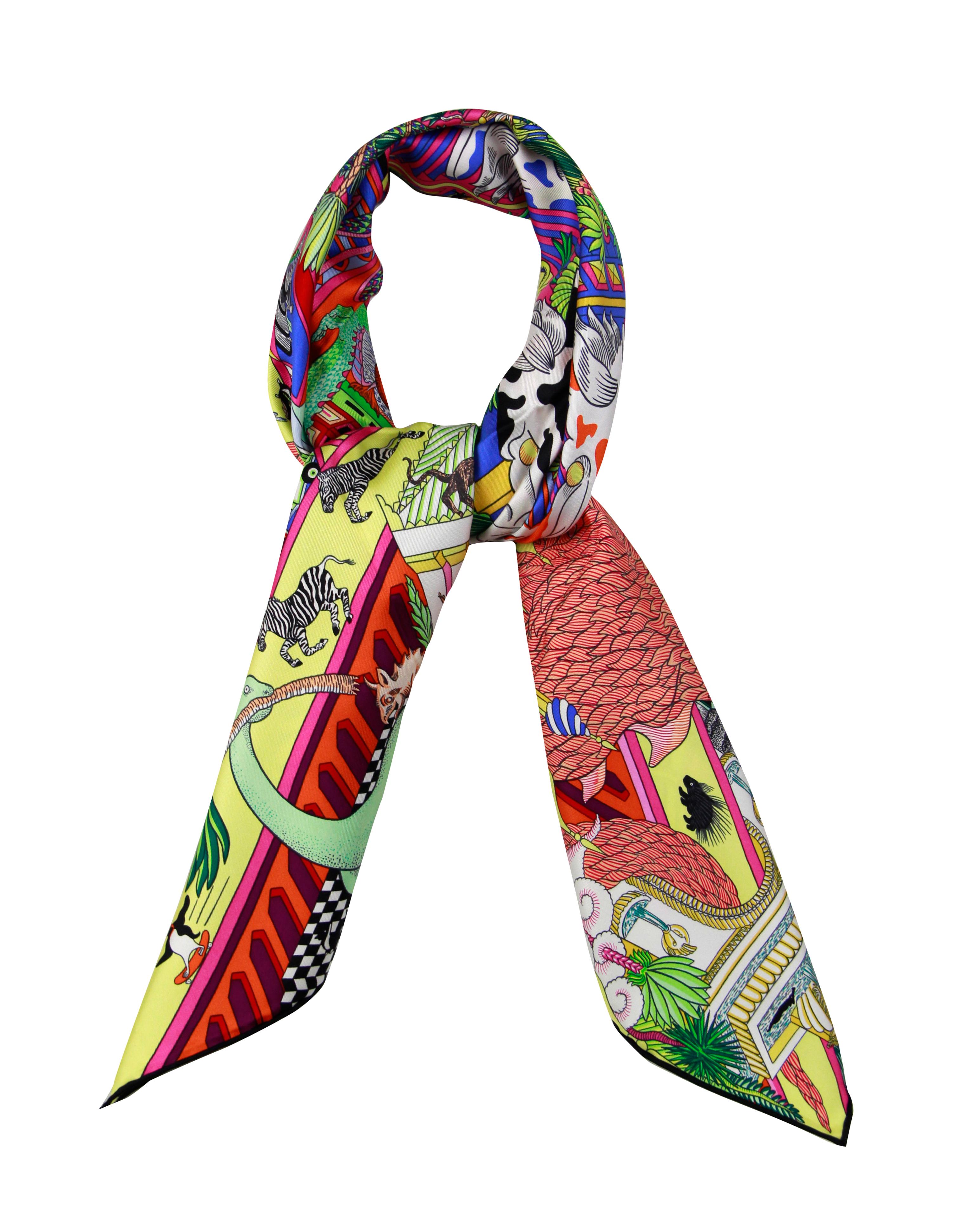 Brown Hermes NEW RARE Multicolor Animapolis 90cm Silk Scarf