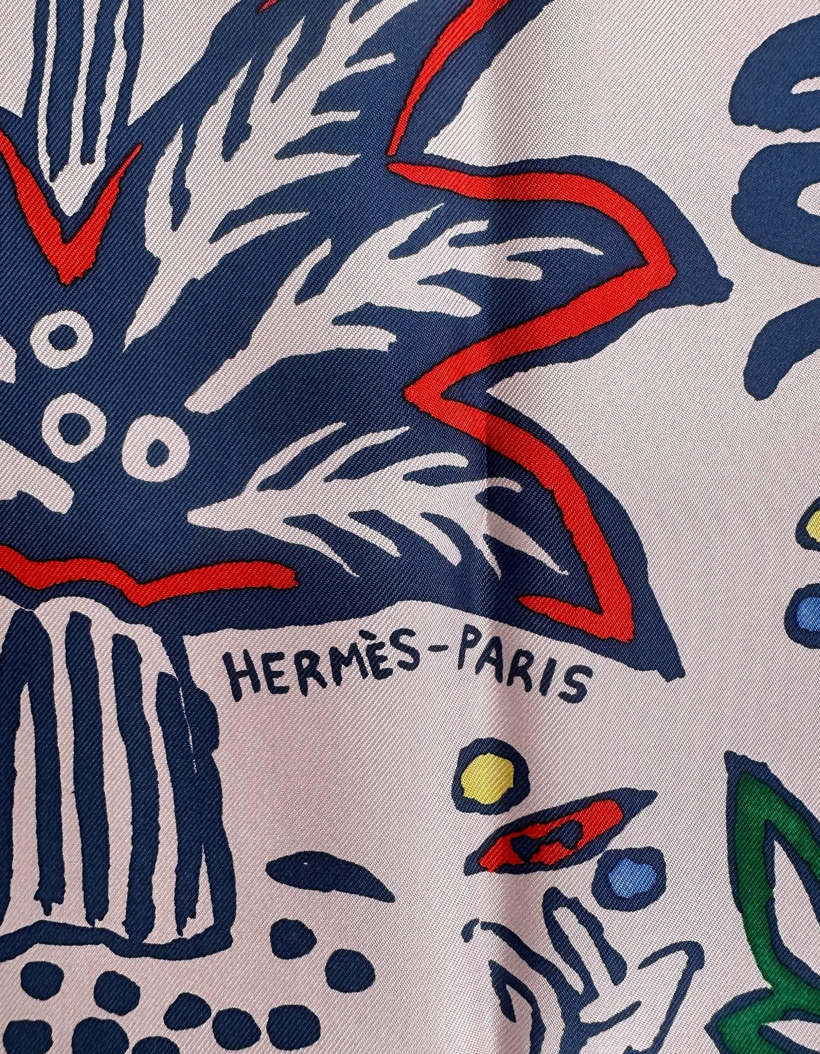 Gray Hermes NEW Rose Fane/Marine Isola di Primavera 90cm Silk Scarf