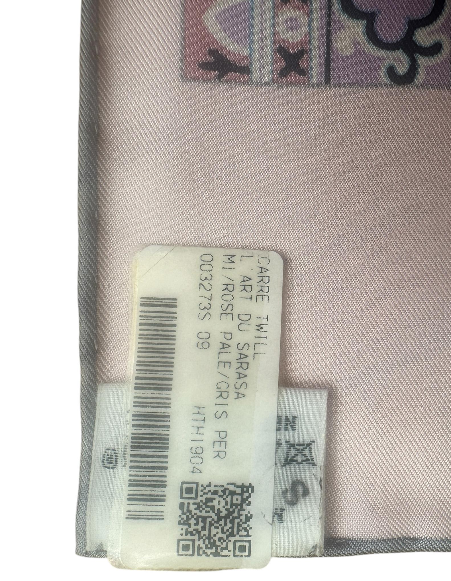 Hermes NEW Rose Pale/ Gris Perle/ Mauve L'Art du Sarasa 90cm Silk Scarf For Sale 2