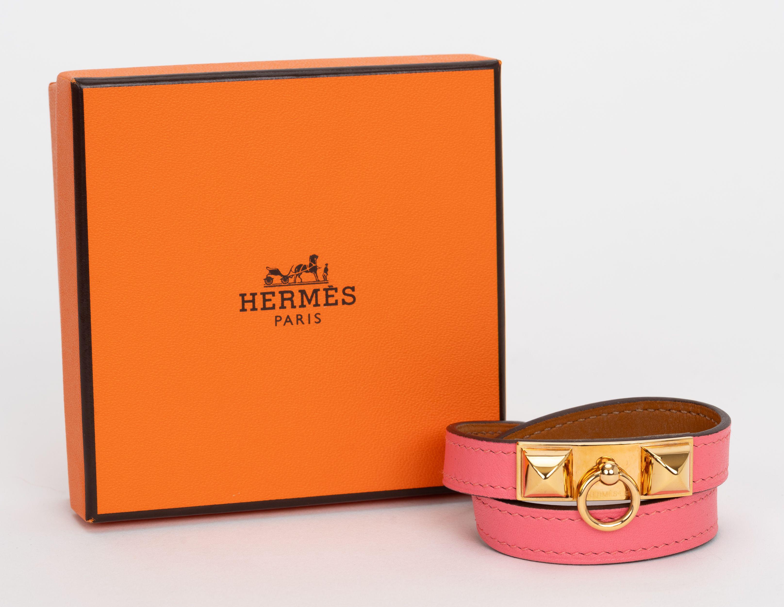 Hermes New Rose Rivale Leather Bracelet For Sale 1