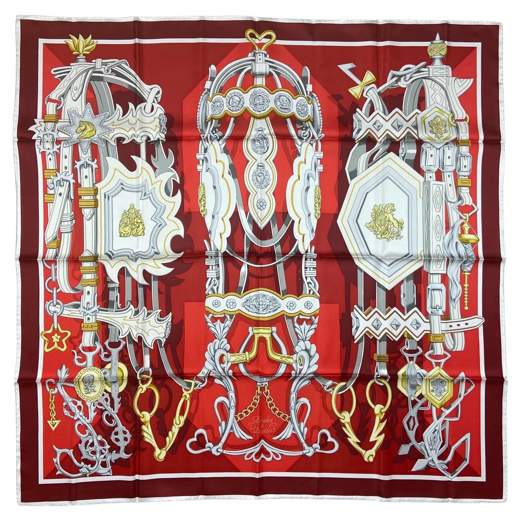 Hermes NEW Rouge/ Gris Argent Brides et Destin 90cm Silk Scarf For Sale