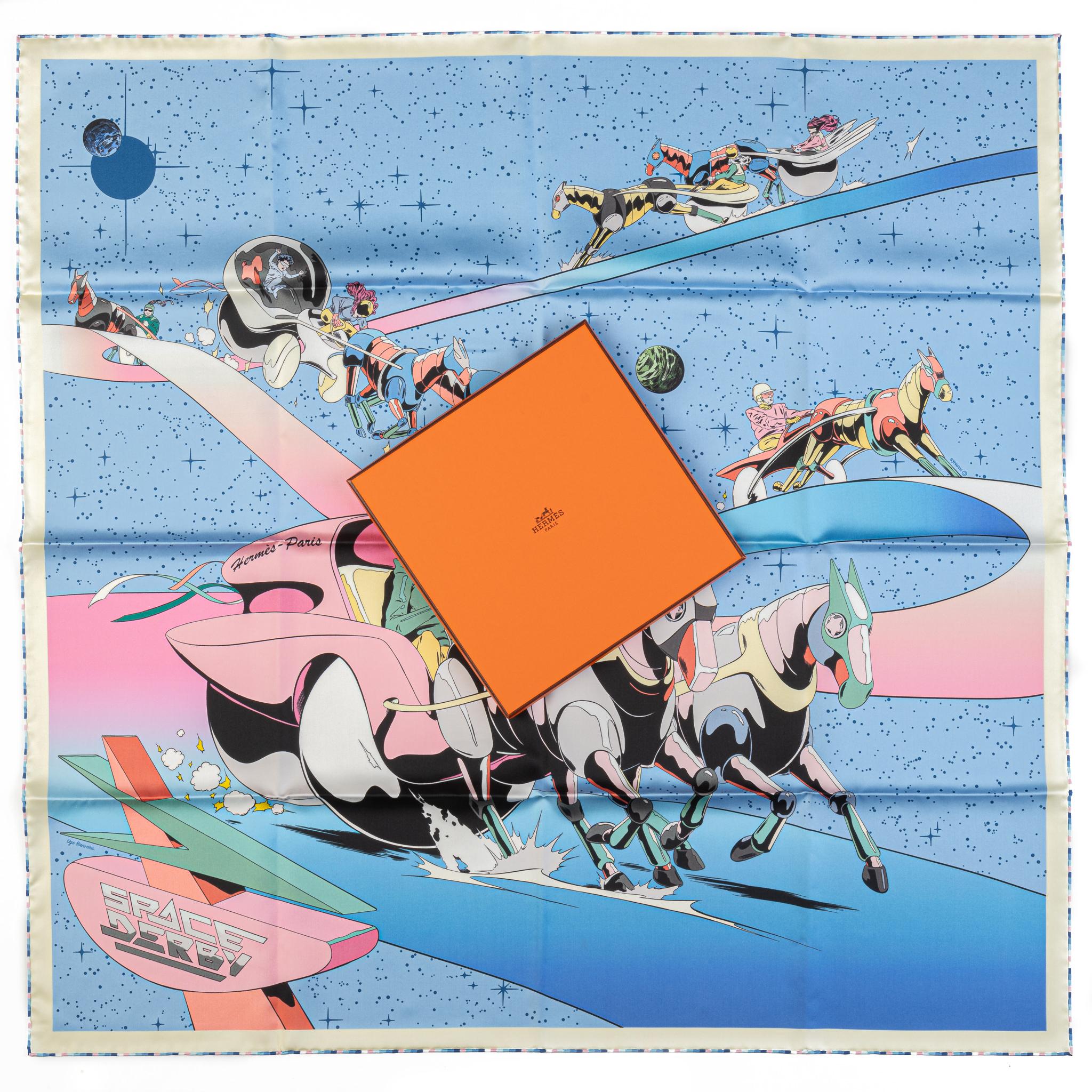 Hermès neuer Space Derby Seidenschal. Blau und rosa, handgerollte Kanten. Kommt mit Originalverpackung.