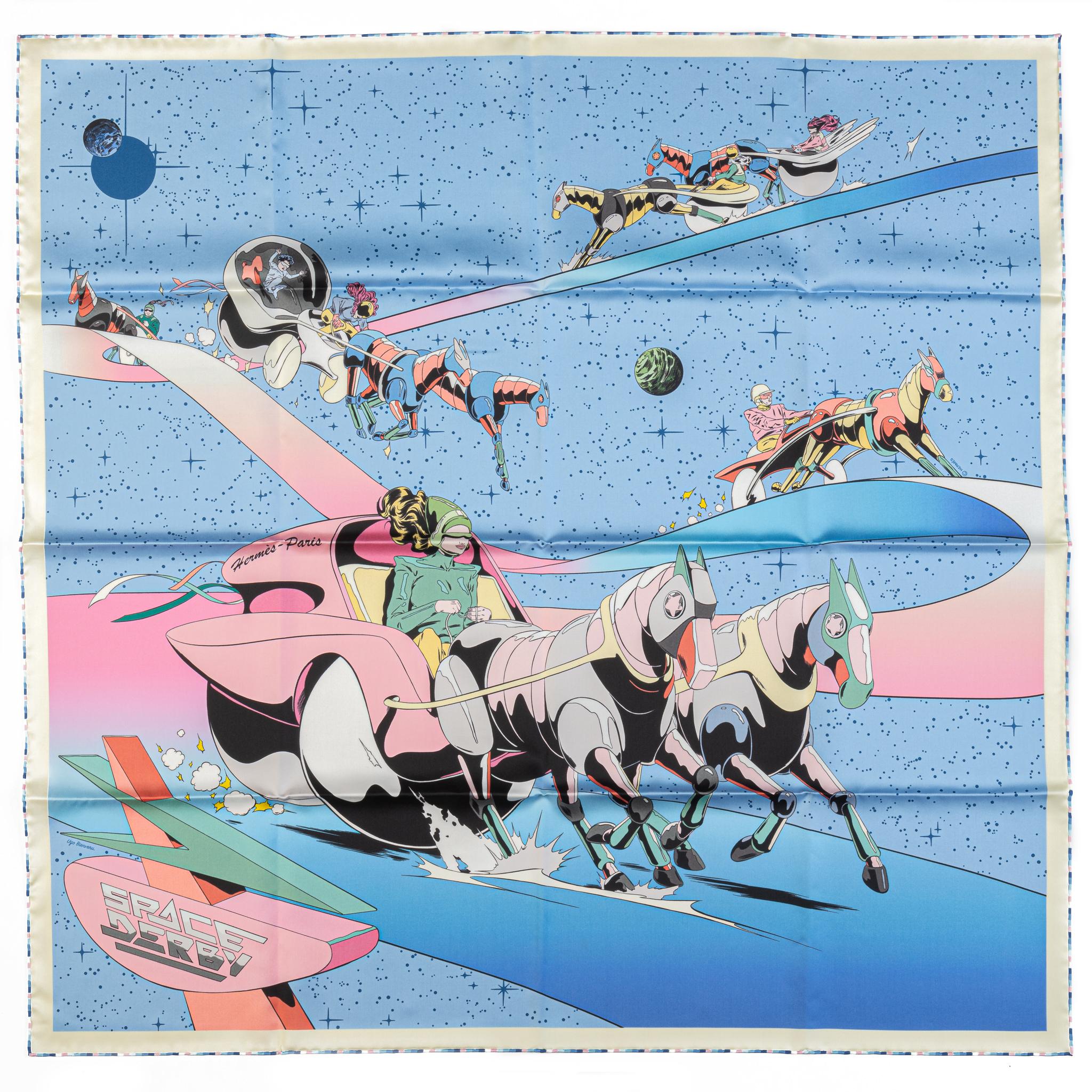 Hermès New Space Derby Seidenschal Blau im Zustand „Neu“ in West Hollywood, CA