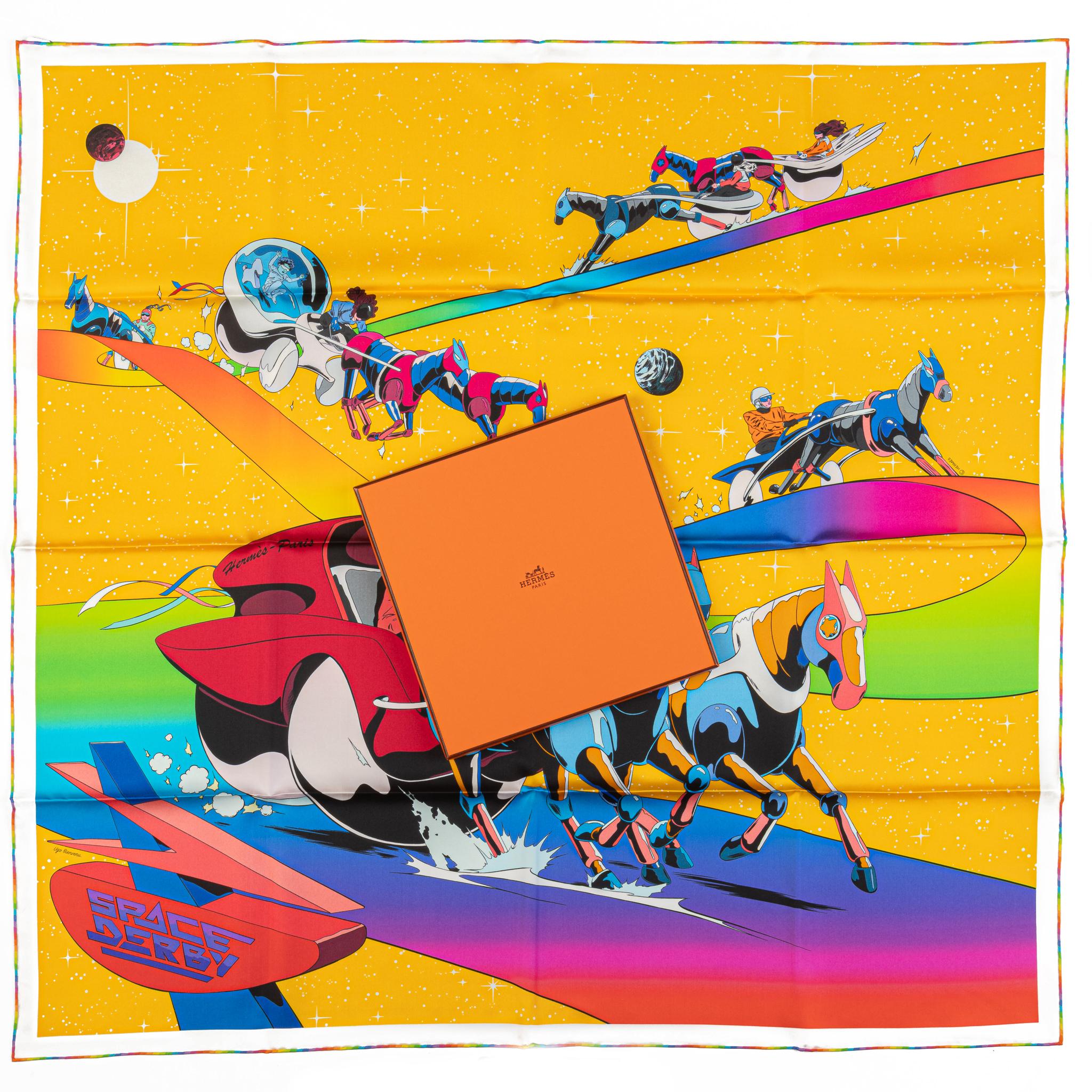 Hermès new multicolor Space Derby silk scarf. Hand rolled edges. Comes with original box.