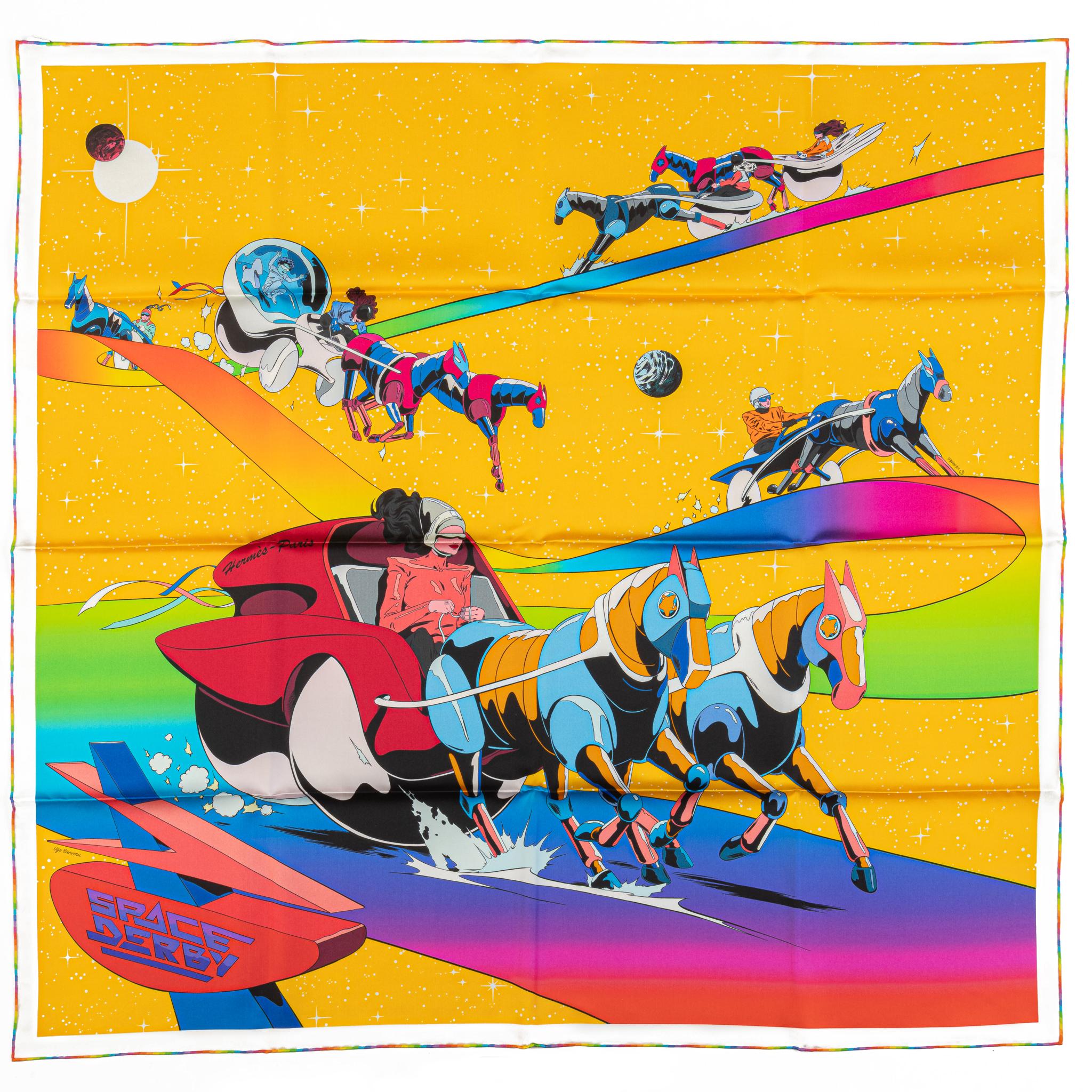 Orange Hermes New Space Derby Silk Scarf For Sale