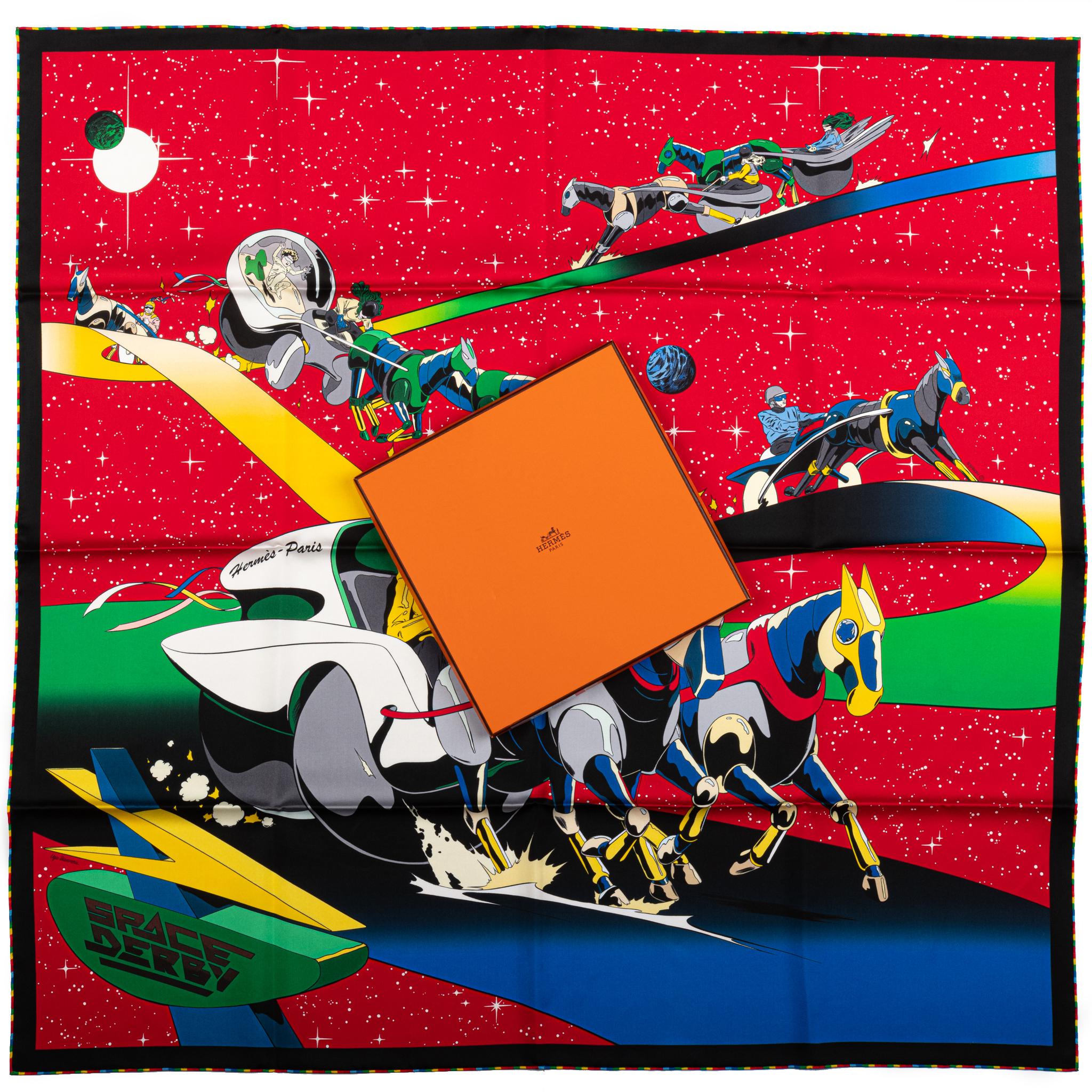 Hermès new multicolor red Space Derby silk scarf. Hand rolled edges. Comes with original box.