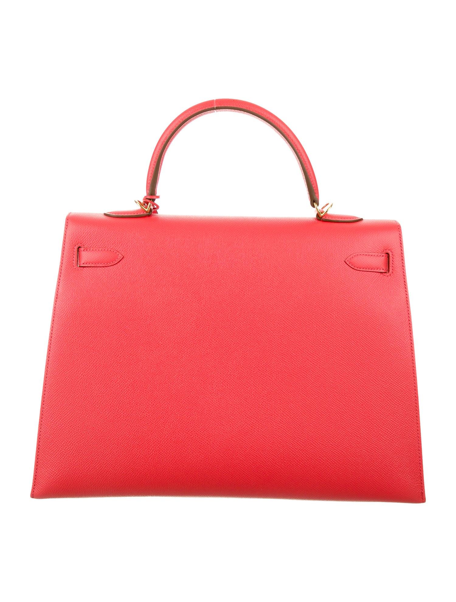 Red Hermes NEW Special Hermes Kelly 35 Rose Leather Top Handle Satchel Tote Bag