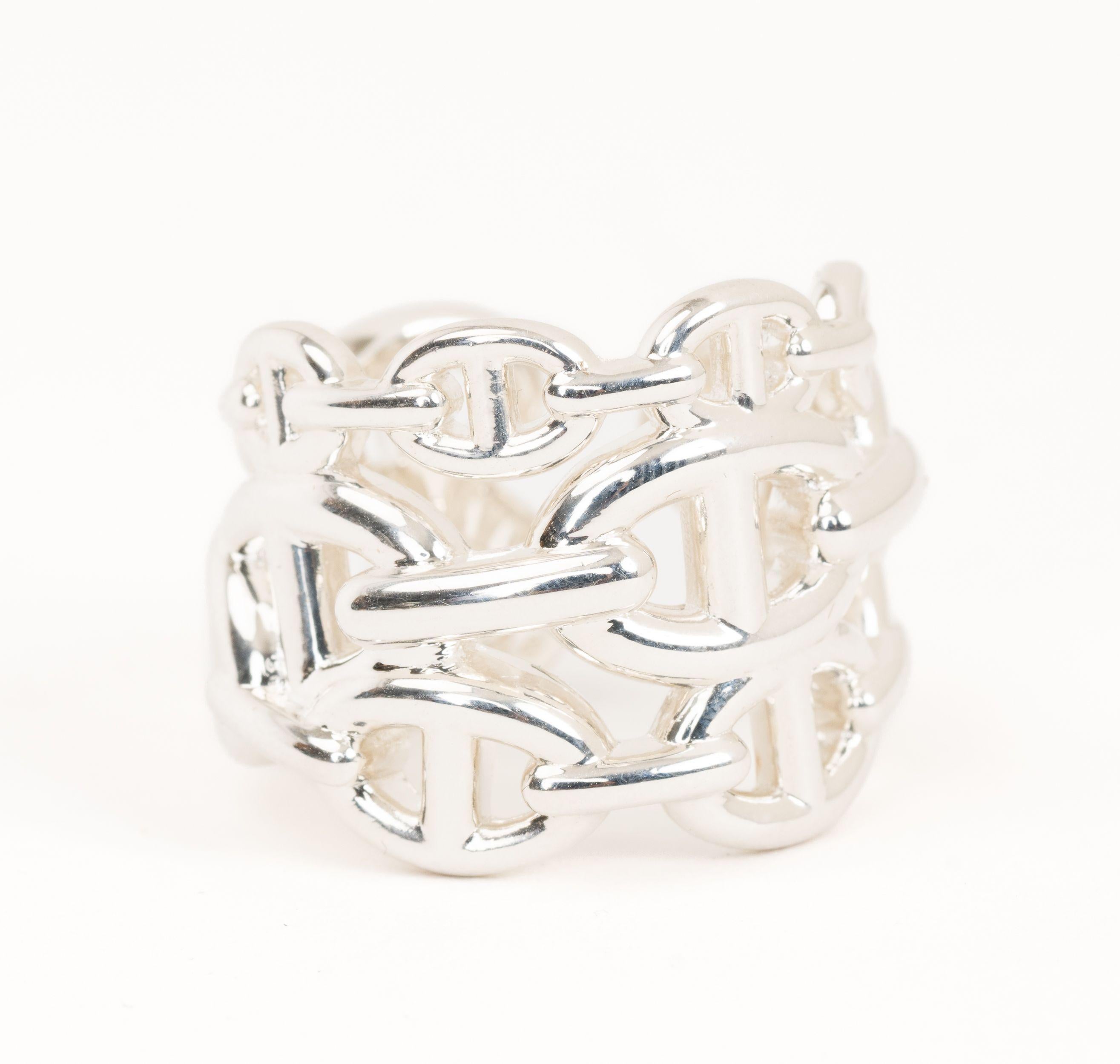 Brand New.Never used.Hermes Chaine d'ancre Enchainee ring, large model. Sterling silver. Size 6.75. With original box and ribbon.