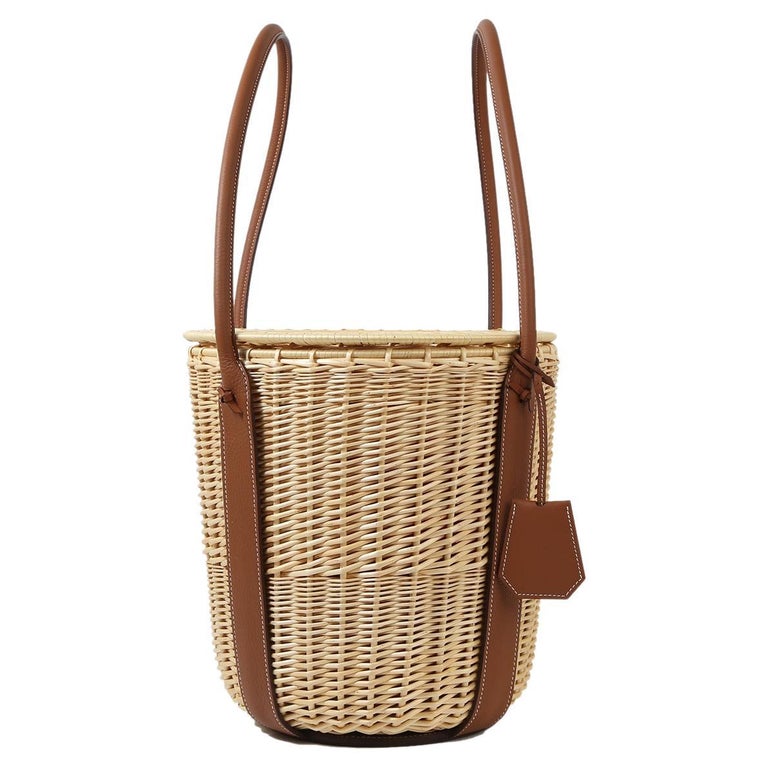 HERMÈS NEW Tan Beige Wicker Brown Leather Top Handle Picnic Basket Bag