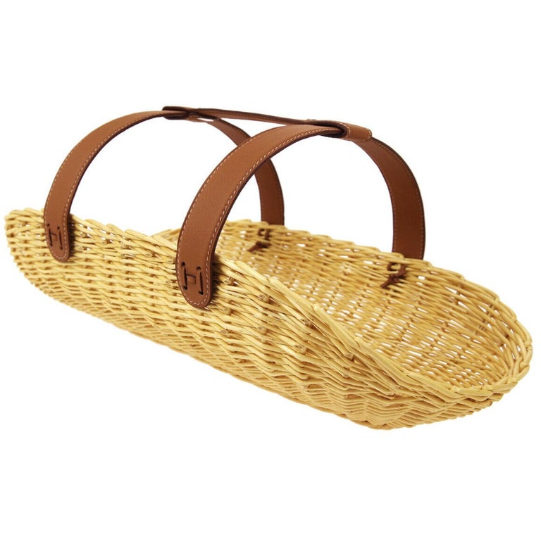 Hermes NEW Tan Wicker Cognac Brown Leather Glass Serving Table Tray in