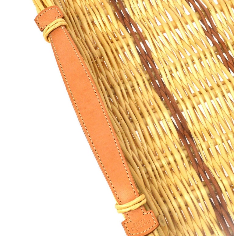 Hermes NEW Tan Wicker Cognac Brown Leather Glass Serving Table Tray in