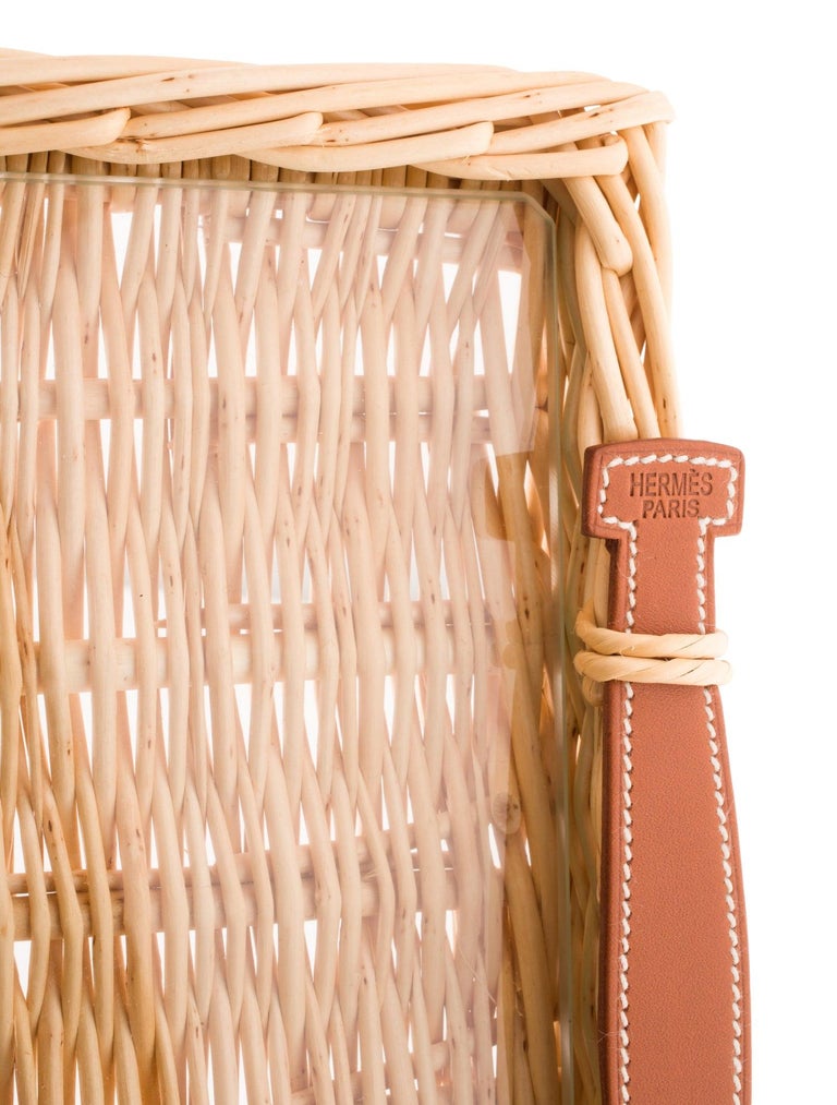 Hermes NEW Tan Wicker Cognac Brown Leather Glass Serving Table Tray in