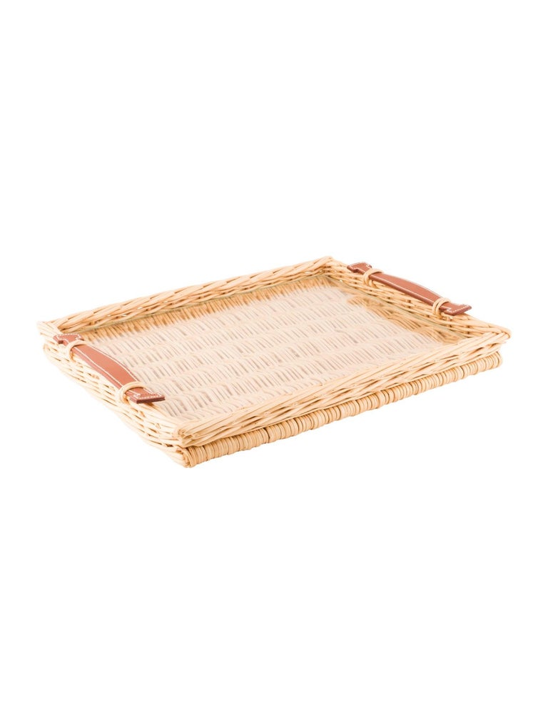 Hermes NEW Tan Wicker Cognac Brown Leather Glass Serving Table Tray in