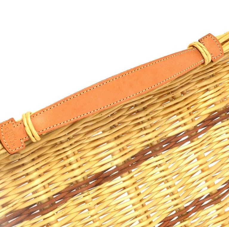 Hermes NEW Tan Wicker Cognac Brown Leather Glass Serving Table Tray in