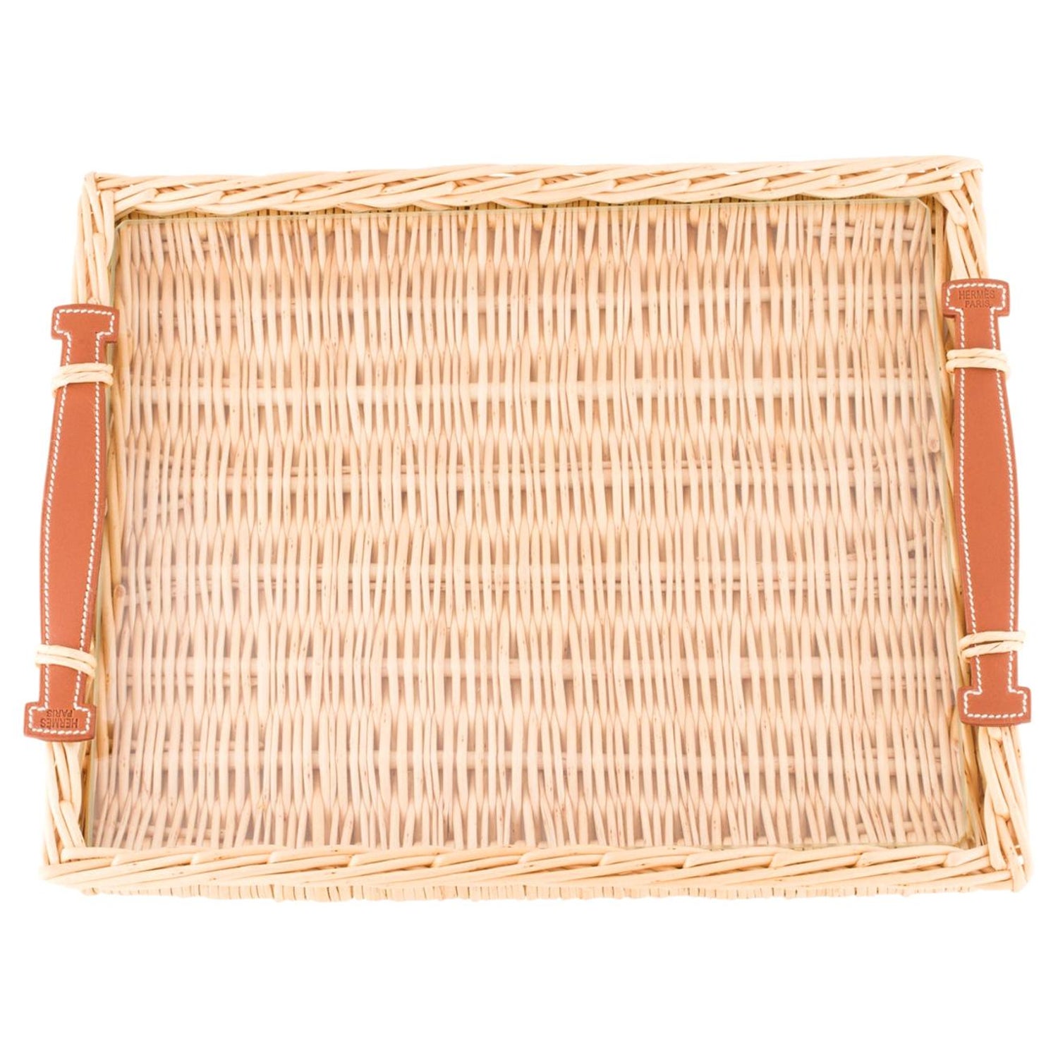 Hermes NEW Tan Wicker Cognac Brown Leather Glass Serving Table Tray in Box  at 1stDibs | hermes tray wicker