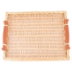 Hermes NEW Tan Wicker Cognac Brown Leather Glass Serving Table Tray in Box 