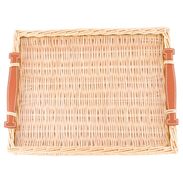 Hermes NEW Tan Wicker Cognac Brown Leather Glass Serving Table Tray in