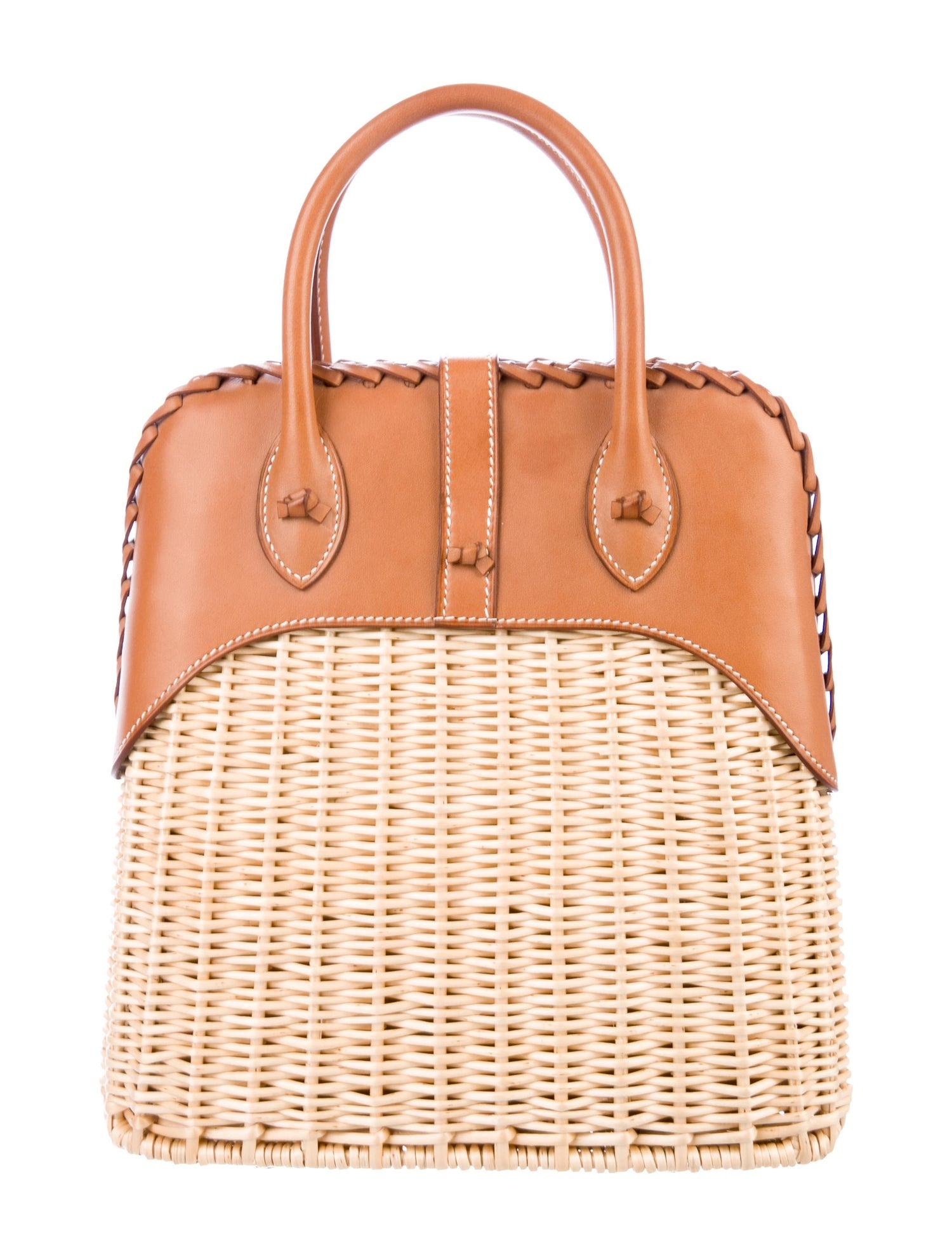 Orange Hermes NEW Tan Wicker Cognac Leather Top Handle Satchel Bag with Dust Bag & Box