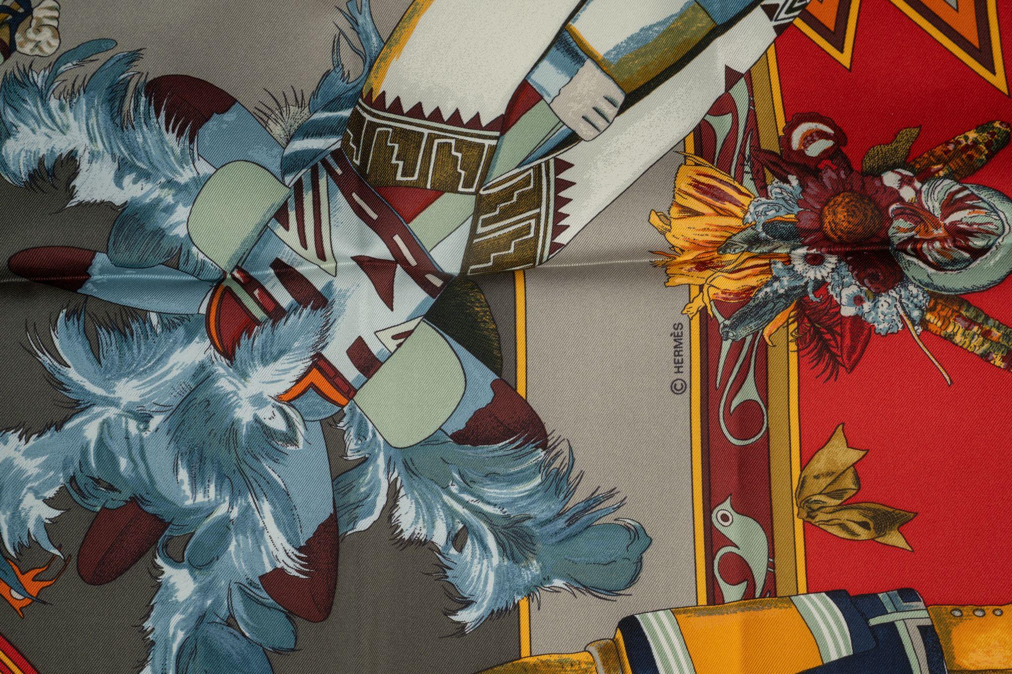 Brown Hermès New Taupe Red Kachina Silk Scarf For Sale