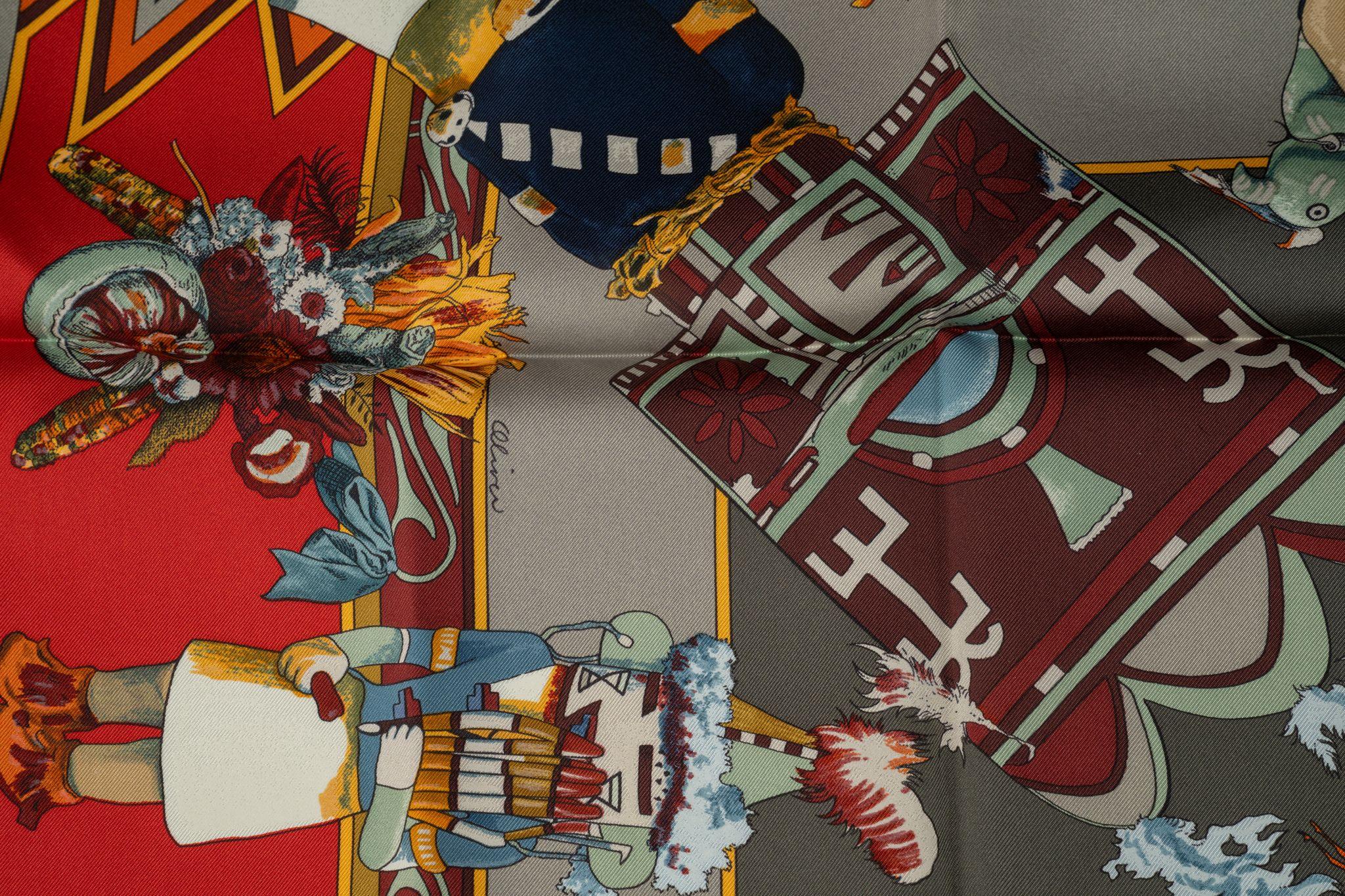 Hermès New Taupe Red Kachina Silk Scarf In New Condition For Sale In West Hollywood, CA