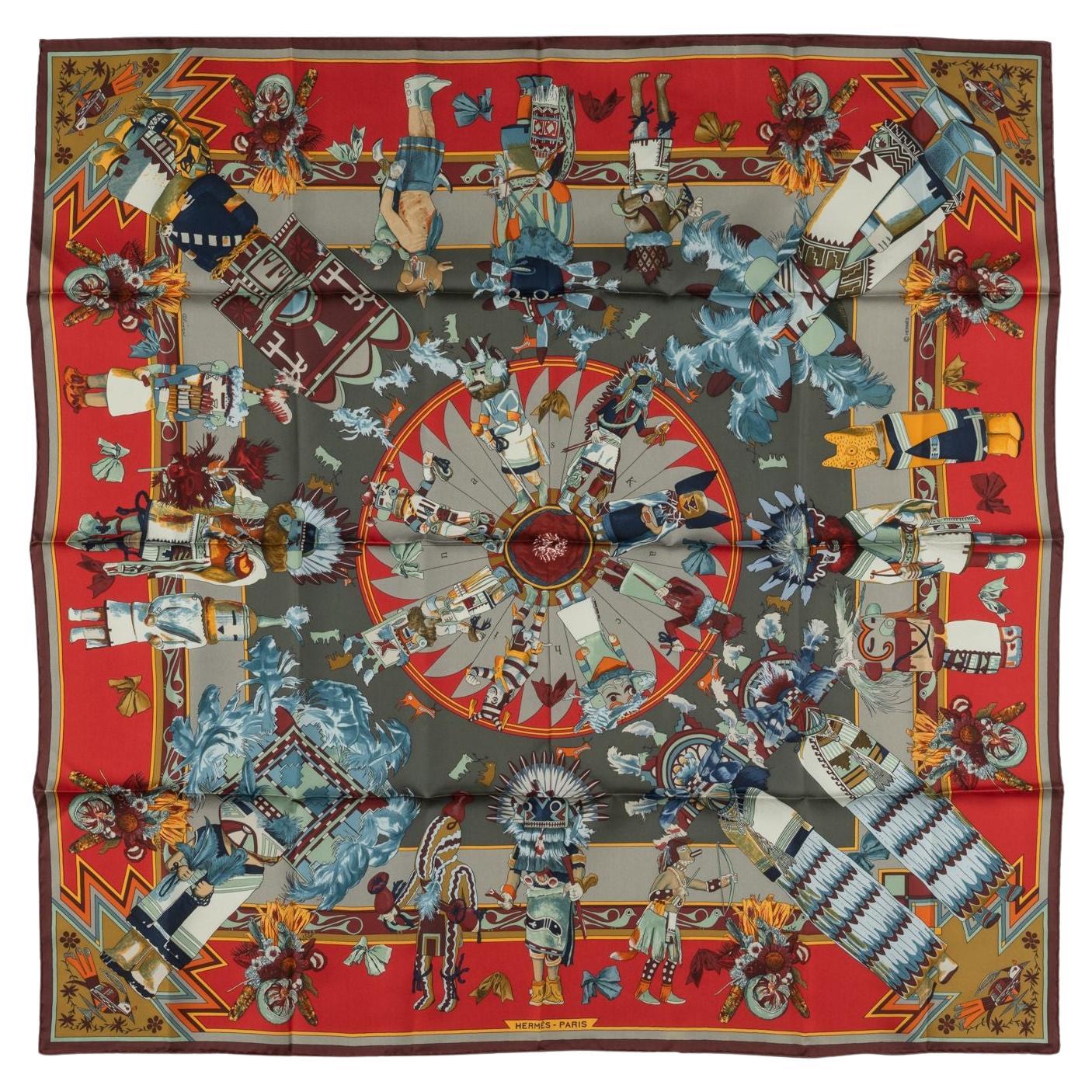 Hermès New Taupe Red Kachina Silk Scarf For Sale