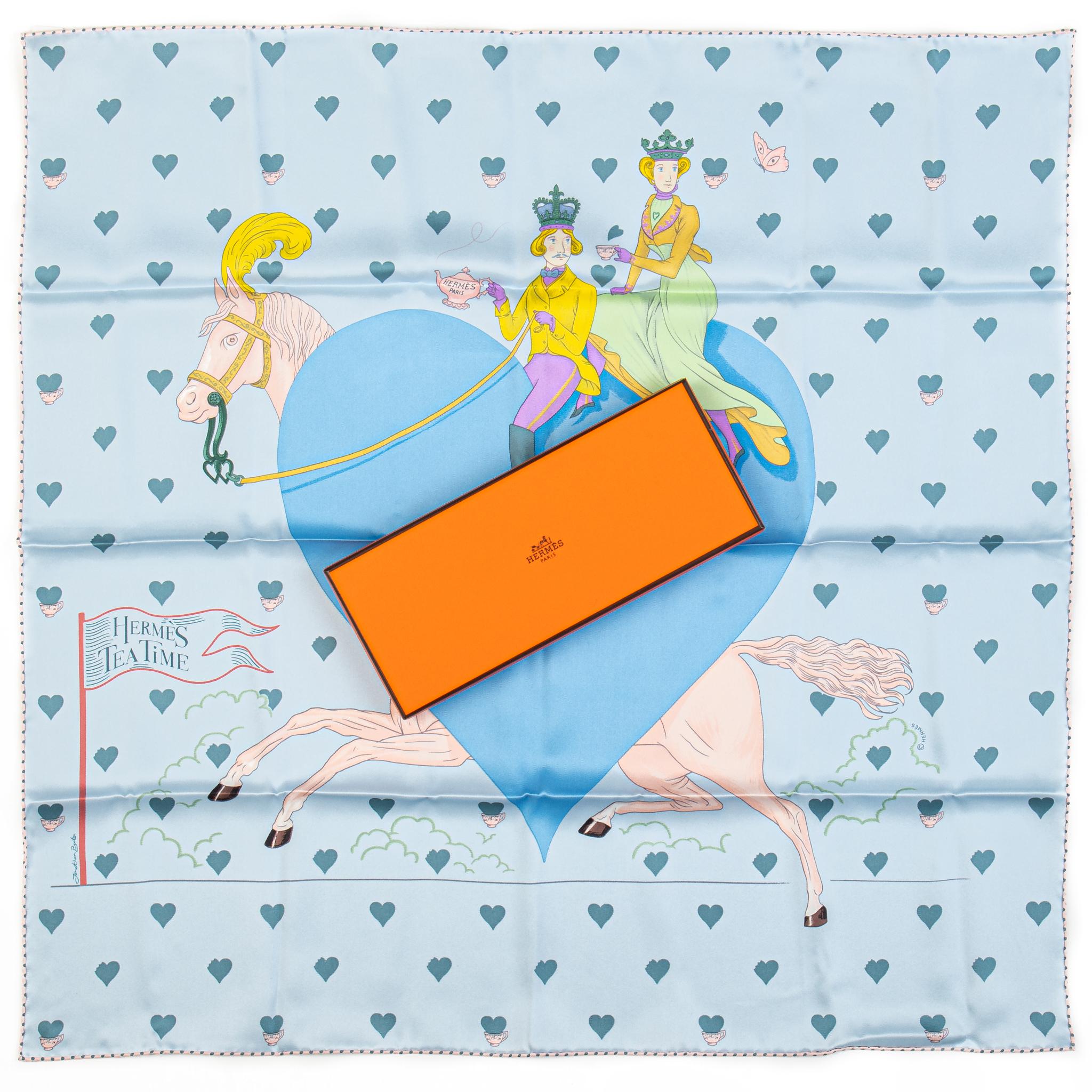 Hermès new Tea Time celeste silk scarf. Hand rolled edges. Comes with original box.