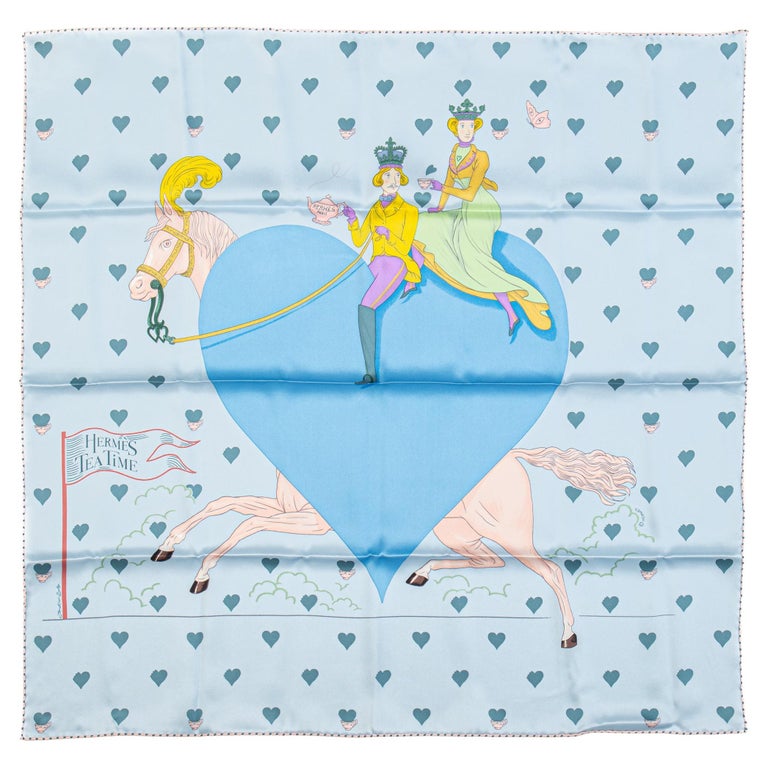 Hermès New Tea Time Celeste Silk Scarf For Sale at 1stDibs