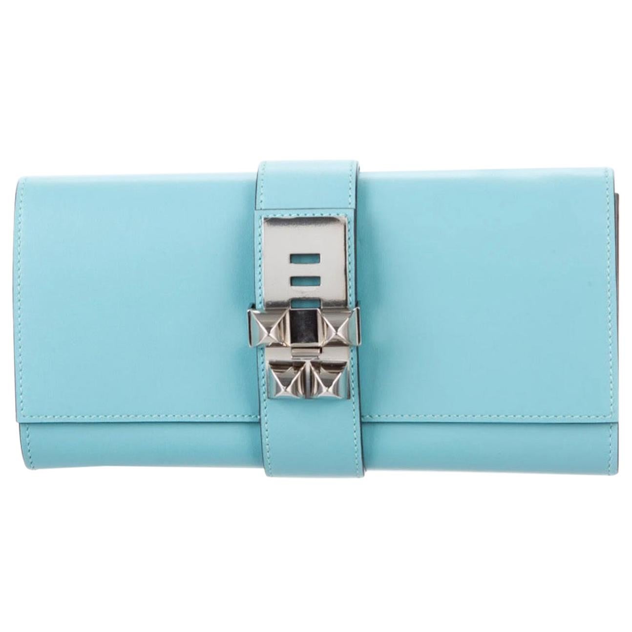 Hermes NEW Tiffany Baby Blue Leather Palladium Evening Clutch Flap Bag in Box