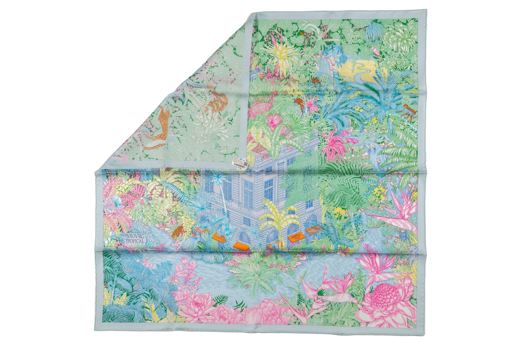 Hermes new Tropical Garden 100% silk scarf. Multicolor pastel color way. Hand rolled edges. Comes with original box and tag.