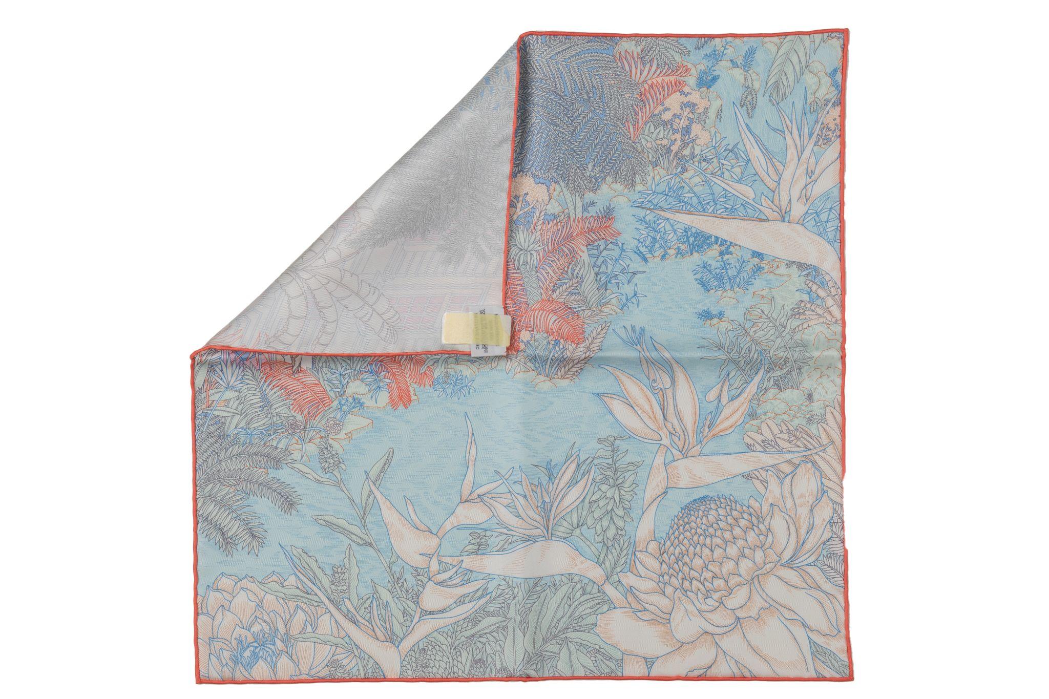 Hermès brand new in box tropical garden grey and blue silk gavroche. Hand-rolled edges.  Comes with original box.