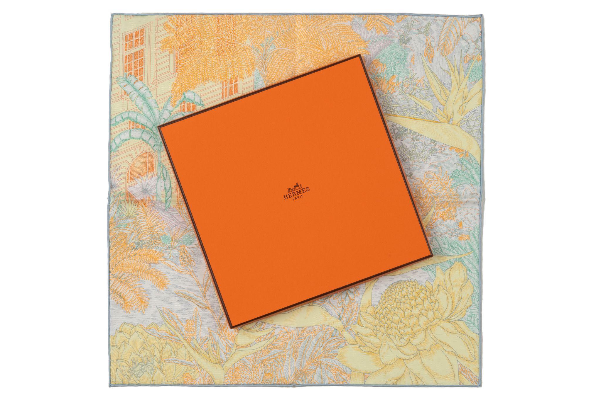 Hermès brand new in box tropical garden orange yellow silk gavroche. Hand-rolled edges. Comes with original box. 