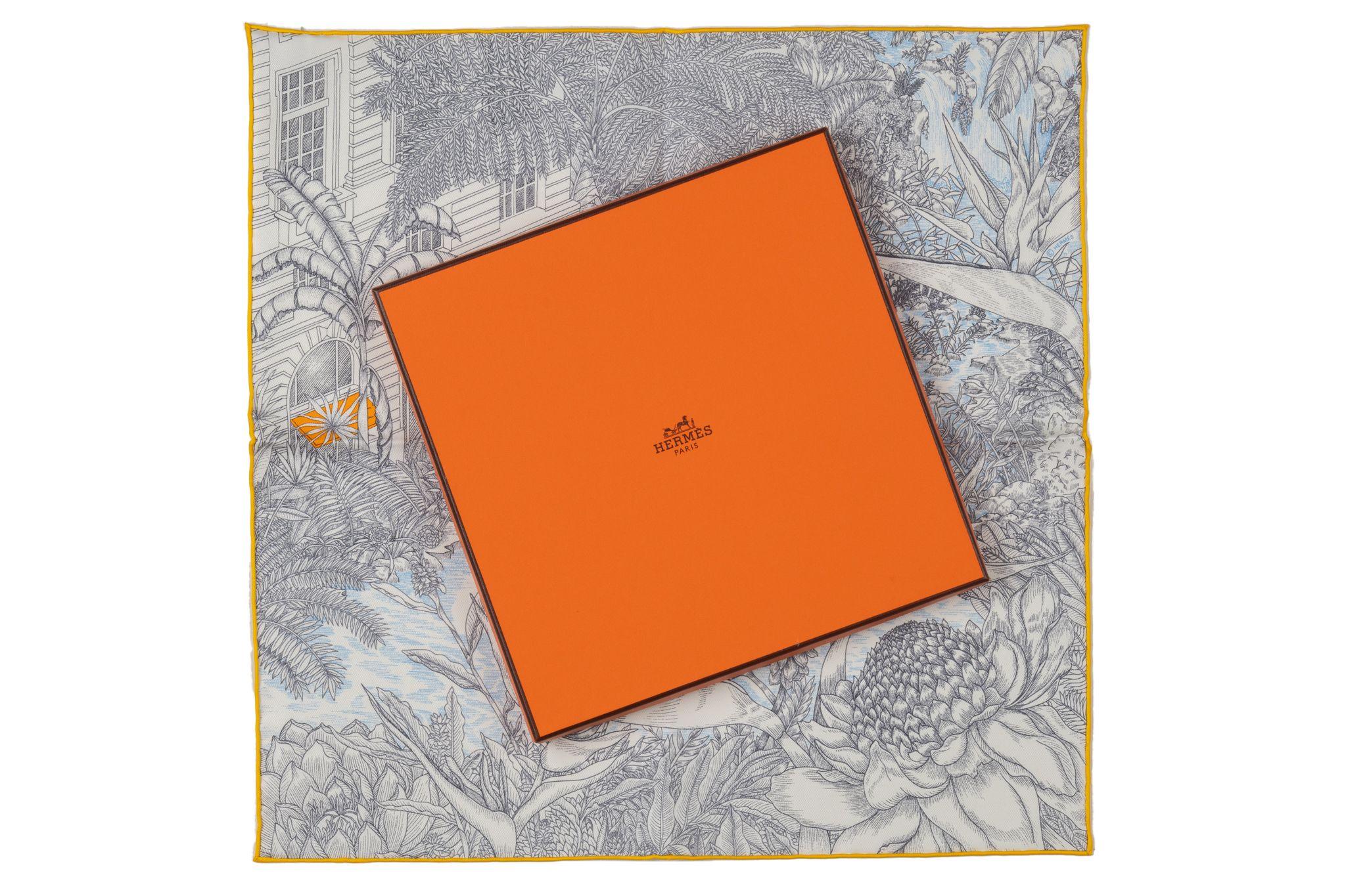 Hermès brand new in box tropical garden anthracite silk gavroche. Hand-rolled edges.