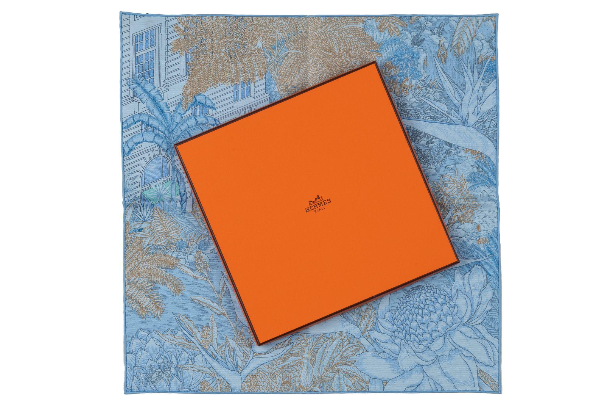 Hermès brand new in box tropical garden blue silk gavroche. Hand-rolled edges.