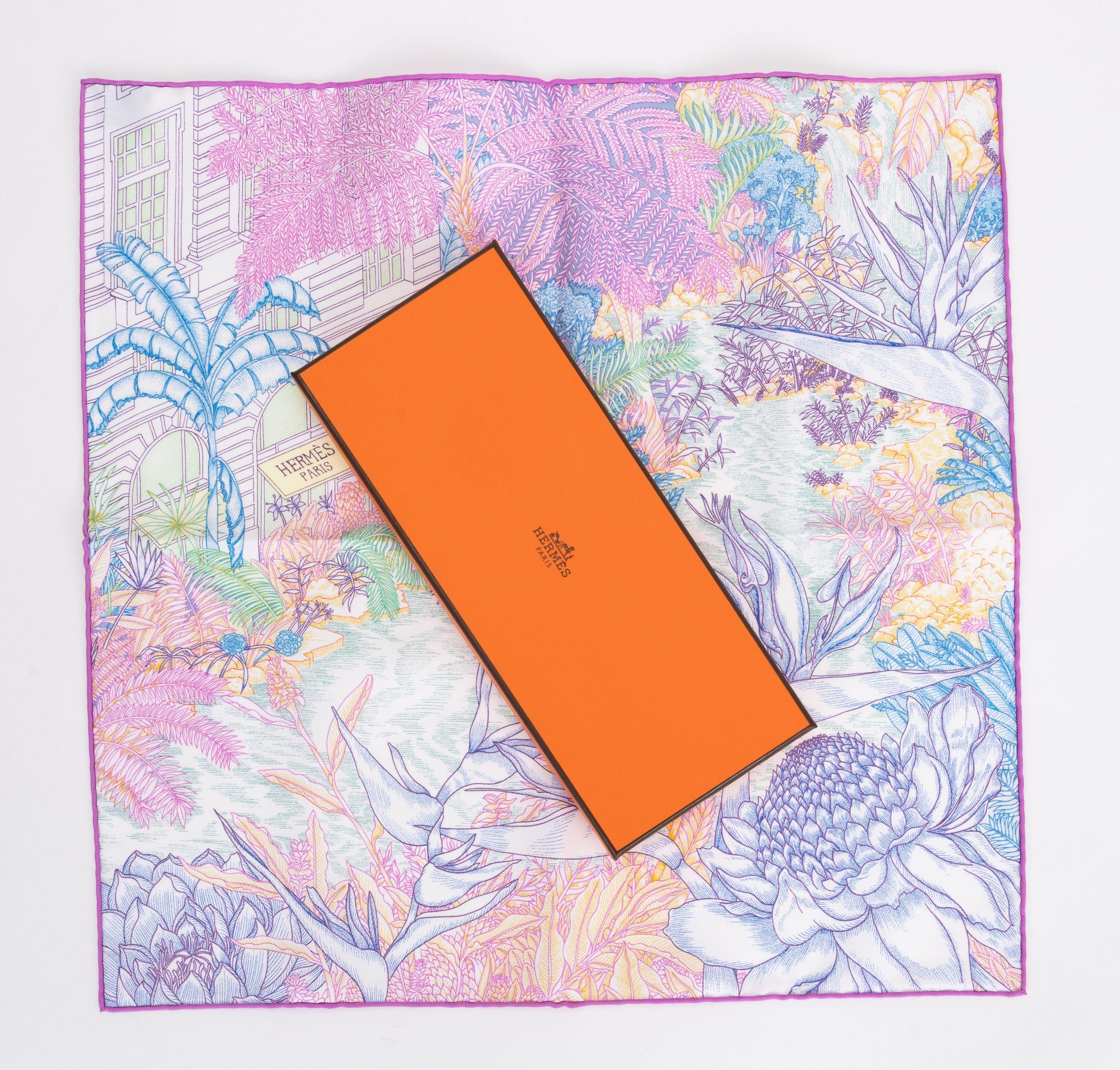 Hermès brand new in box tropical garden pastels silk gavroche. Hand-rolled edges. Comes with original box.