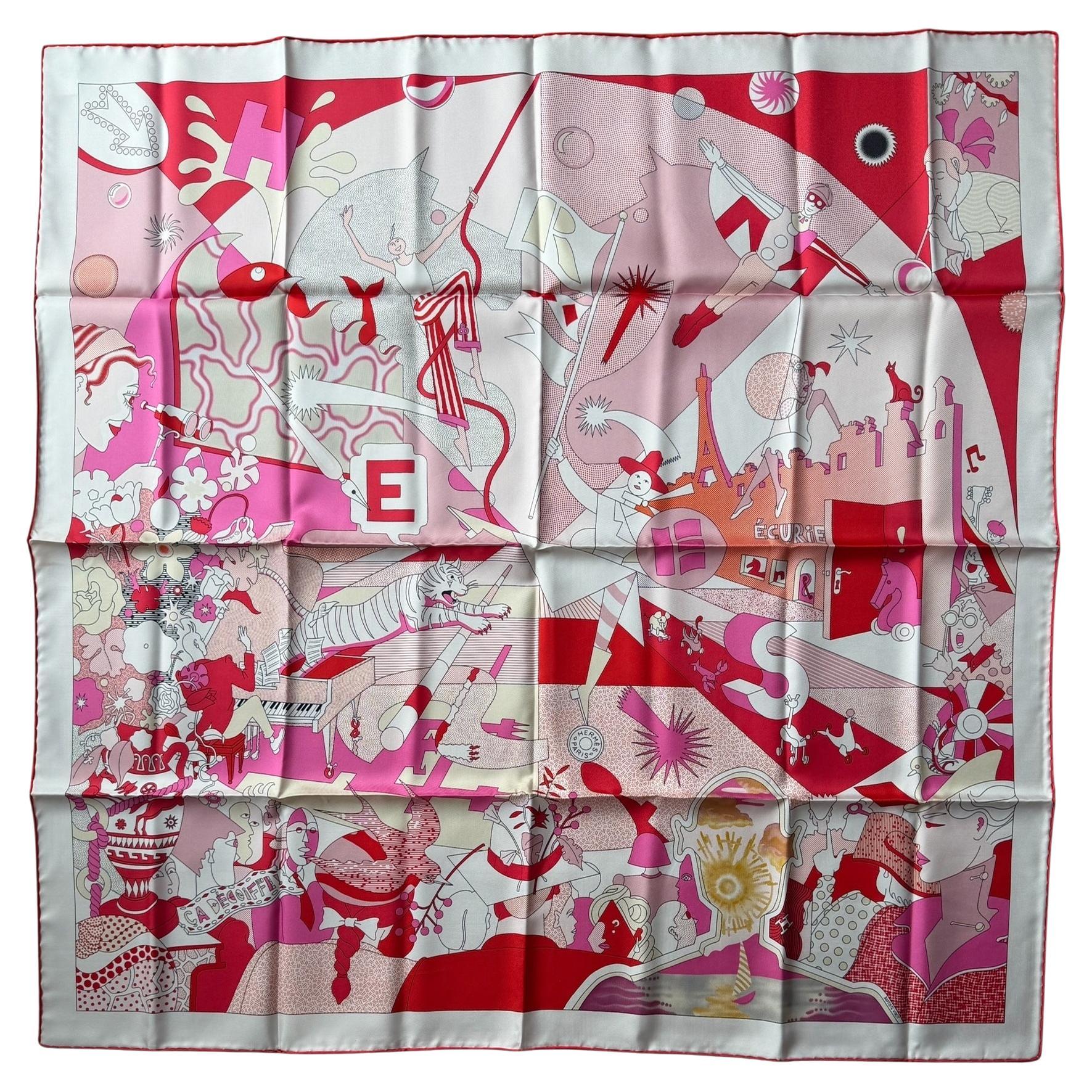 Hermes NEW WITH TAG Blanc/Rose Bonbon Ca Decoiffe! 90cm Silk Scarf