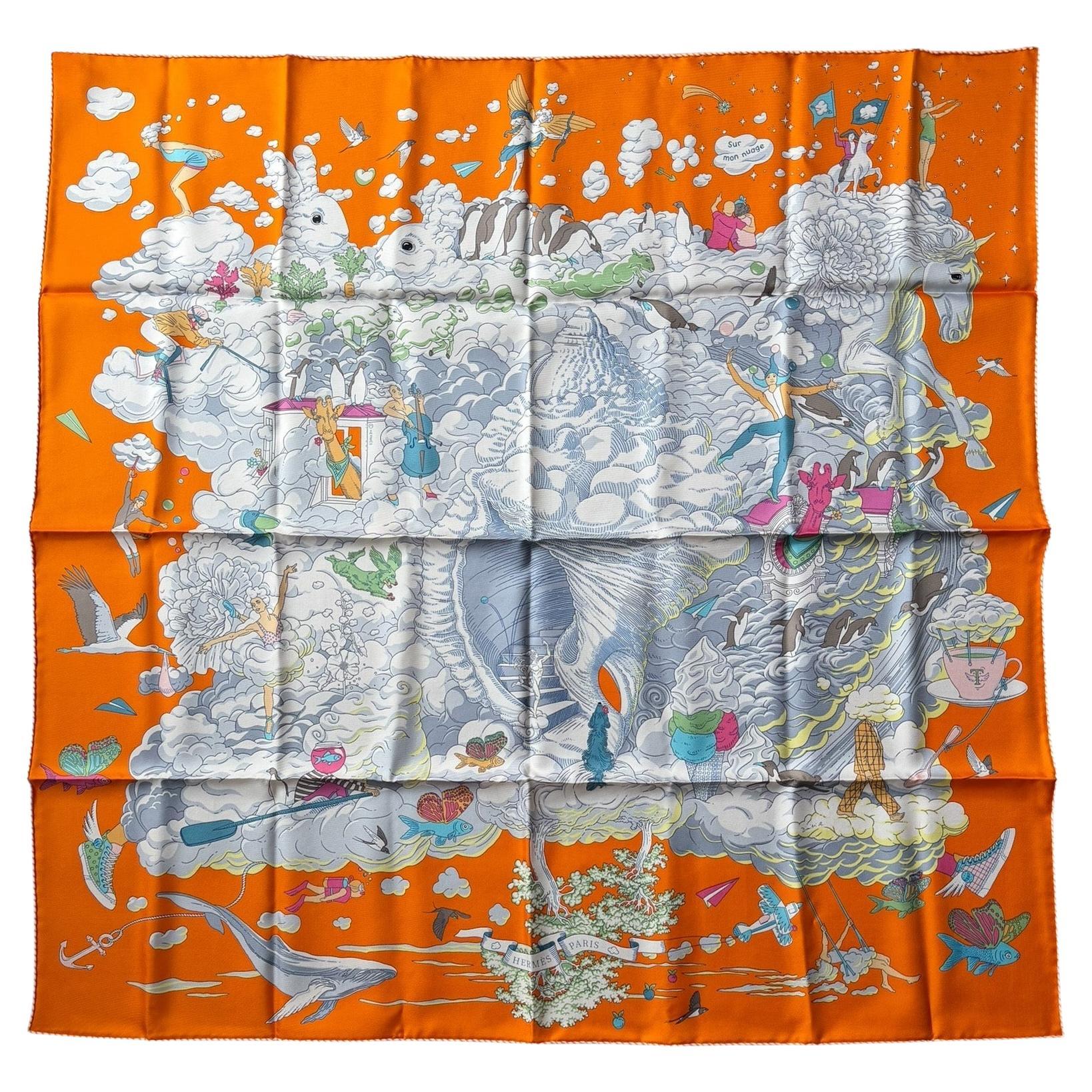 Hermes NEW WITH TAGS Orange/Gris Clair Sur Mon Nuage 90cm Silk Scarf