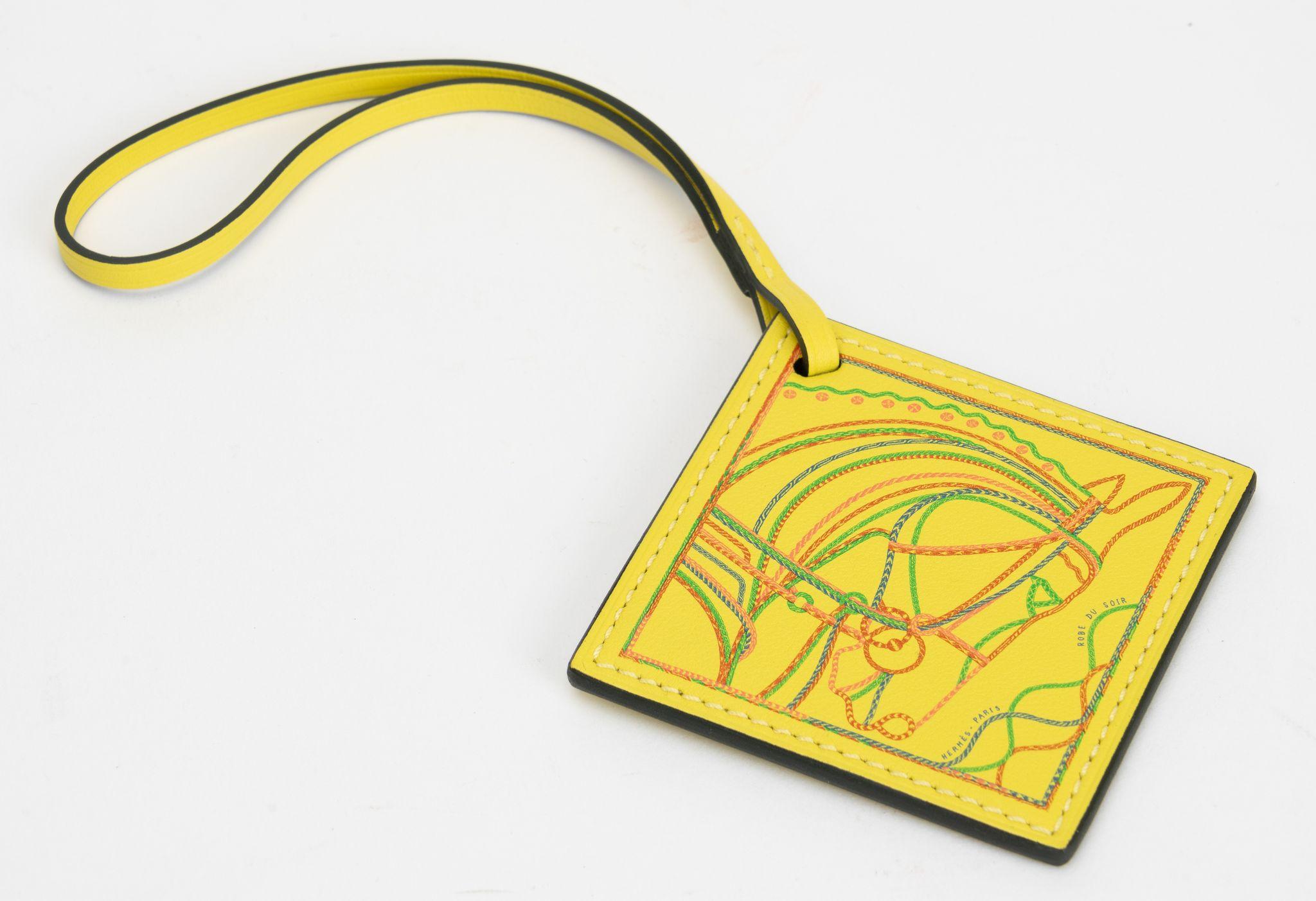 Hermès brand new lime yellow square bag charm with horse head design. Comes with original box