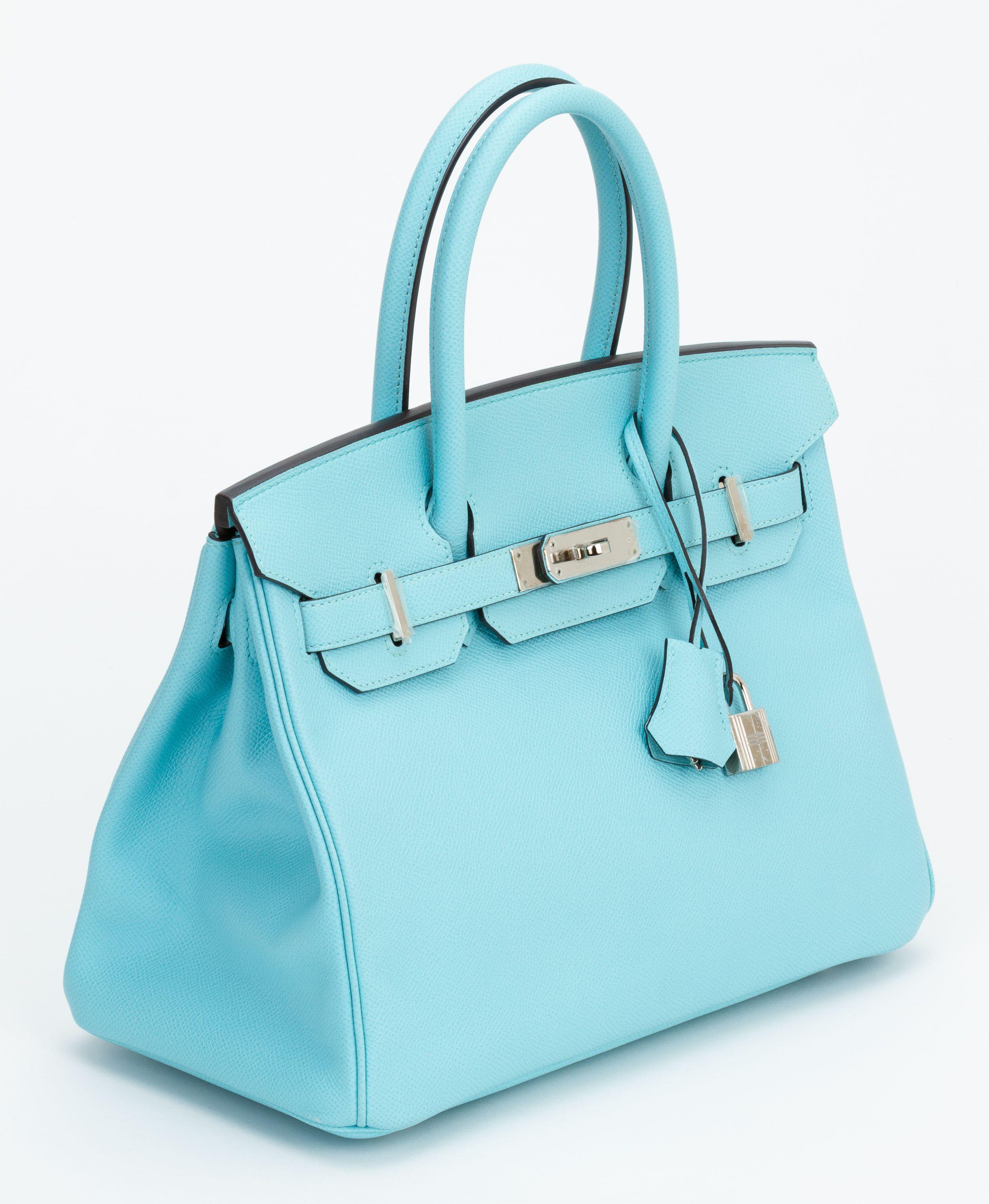 Hermès 30cm Birkin bag in blue atoll epsom leather and palladium hardware. Plastic on hardware, worn a few times. Handle drop, 3