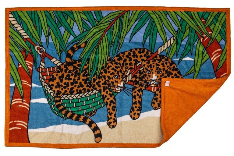 Serviette De Plage Hermès Vintage – Imprimé Léopard, Coton, Très Bon état