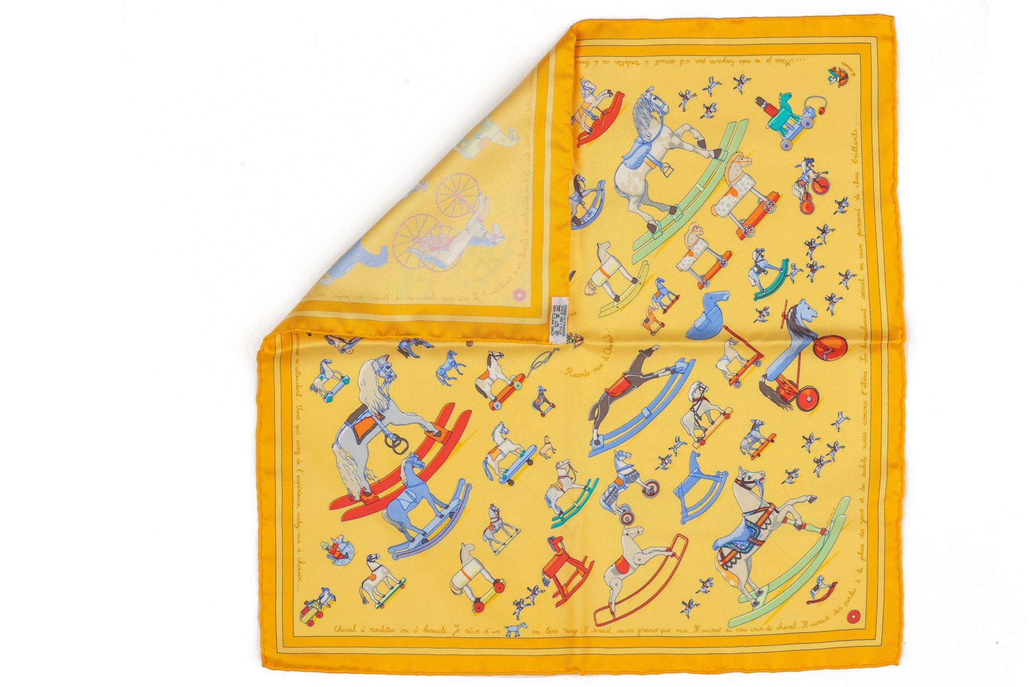 Hermès brand new “raconte moi le cheval” yellow silk scarf. Hand rolled trim. Comes with original box.

